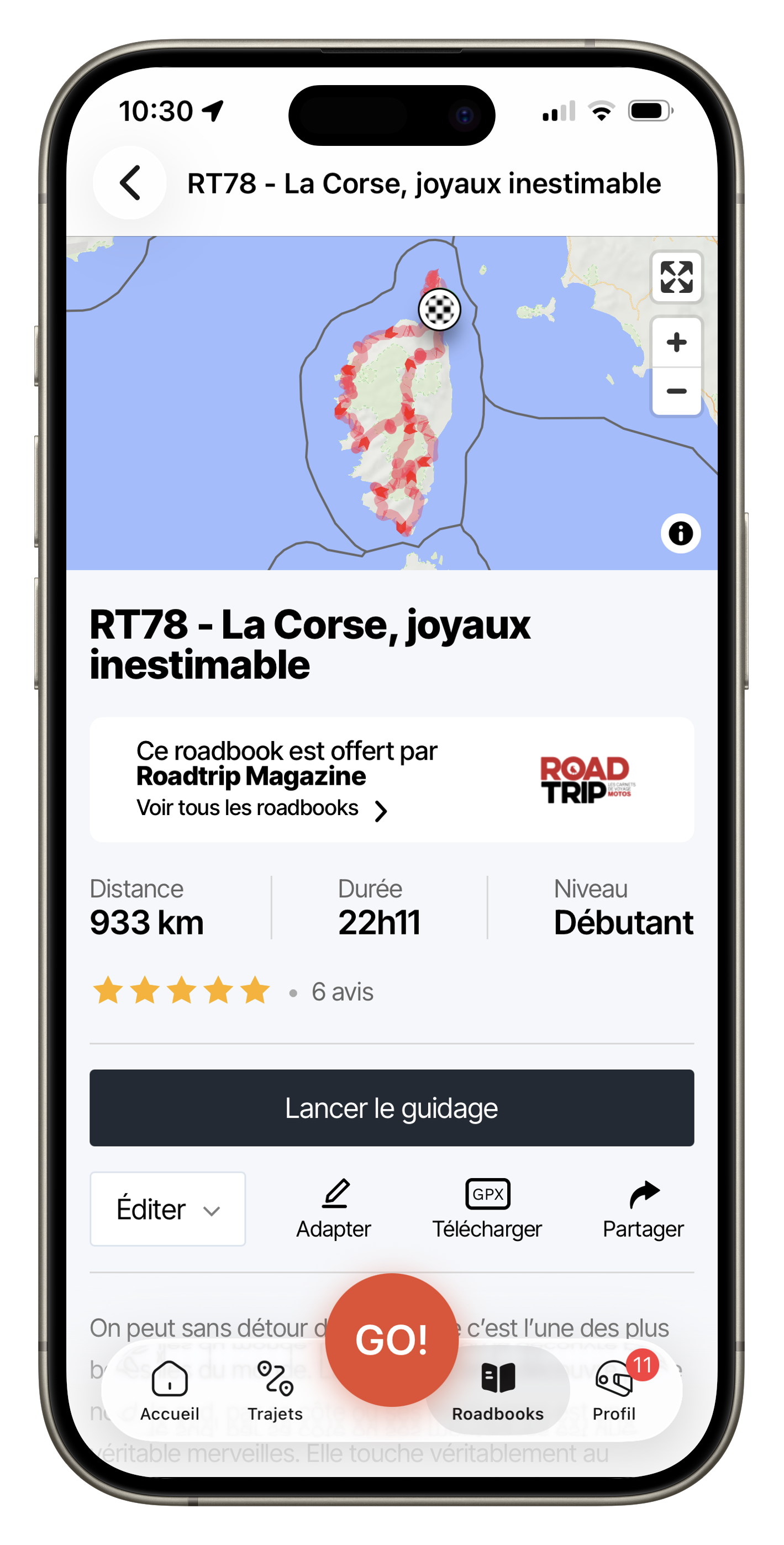 Écran des carnets de route Liberty Rider